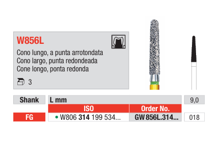 Broca Diamantada Cone longo Ponta Redonda W856L | EDENTA