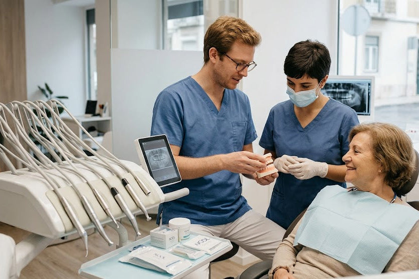 Dois profissionais de medicina dentária mostram uma prótese dentária a uma paciente idosa numa clínica dentária moderna.