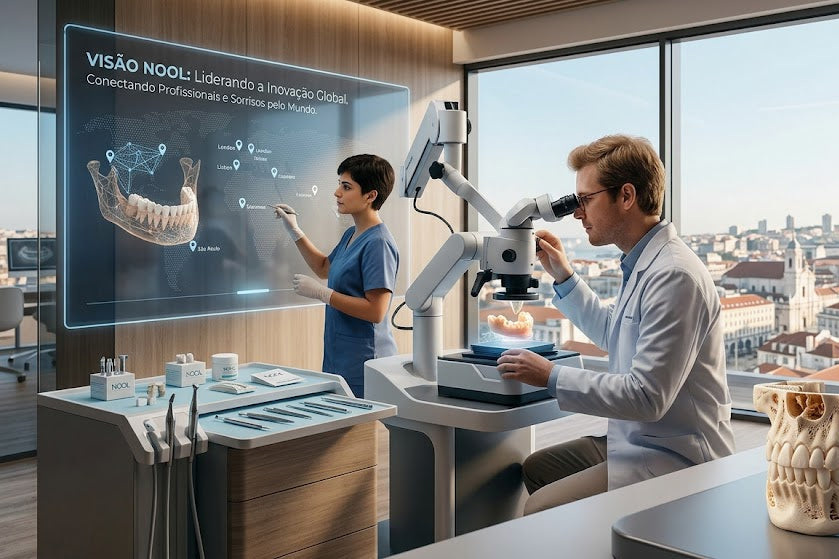 Profissionais de medicina dentária analisam uma prótese dentária com recurso a microscopia e tecnologia digital num laboratório moderno.