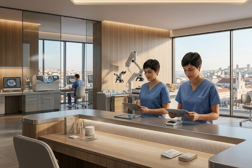 Profissionais de medicina dentária utilizam tablets numa clínica moderna equipada com tecnologia avançada e laboratório dentário.