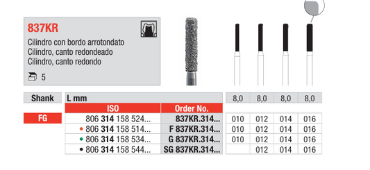 Broca FG Diamante Cilíndrica Arredondada 837KR | EDENTA